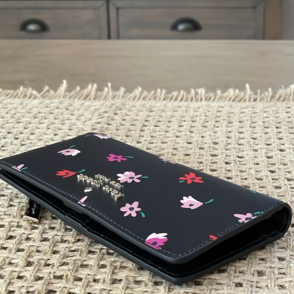 Kate Spade Staci Ditsy Buds Large Slim Bifold Wallet Black Multi Floral - Picture 3 of 5